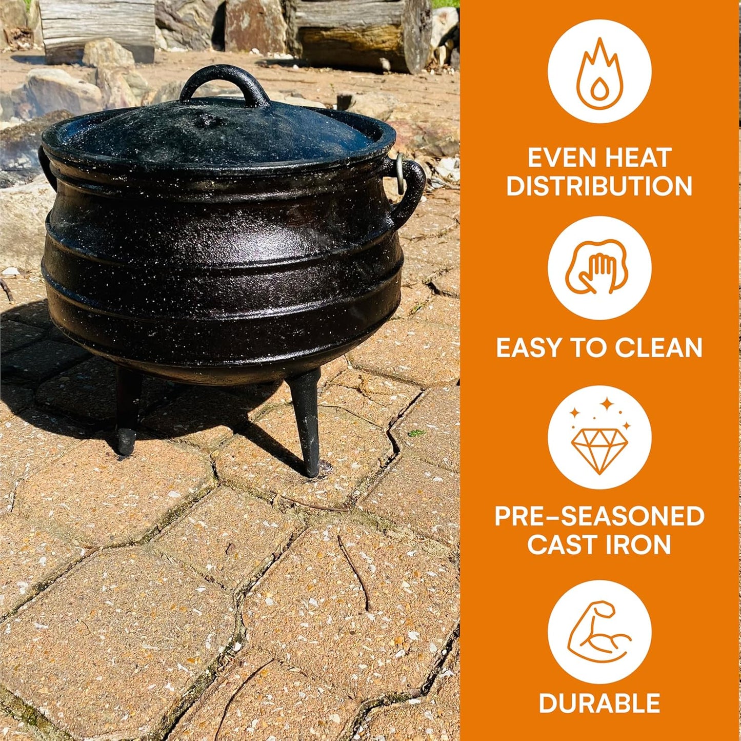Bruntmor 8-Quart Pre-Seasoned Cast Iron Cauldron - African Potjie Pot with Lid - 3-Legged Design for Optimal Heat Distribution - Outdoor Cast Iron Dutch Oven for Campfire Cooking and Boiling