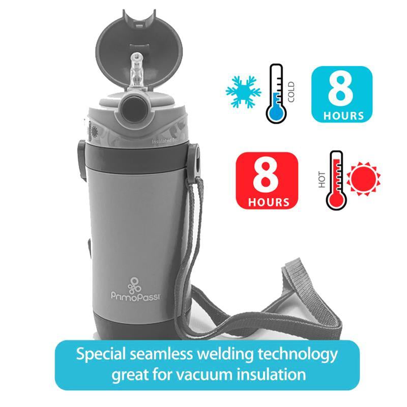 Primo Passi Insulated Straw Water Bottle for Kids - 12oz Stainless Steel in Sleek Grey