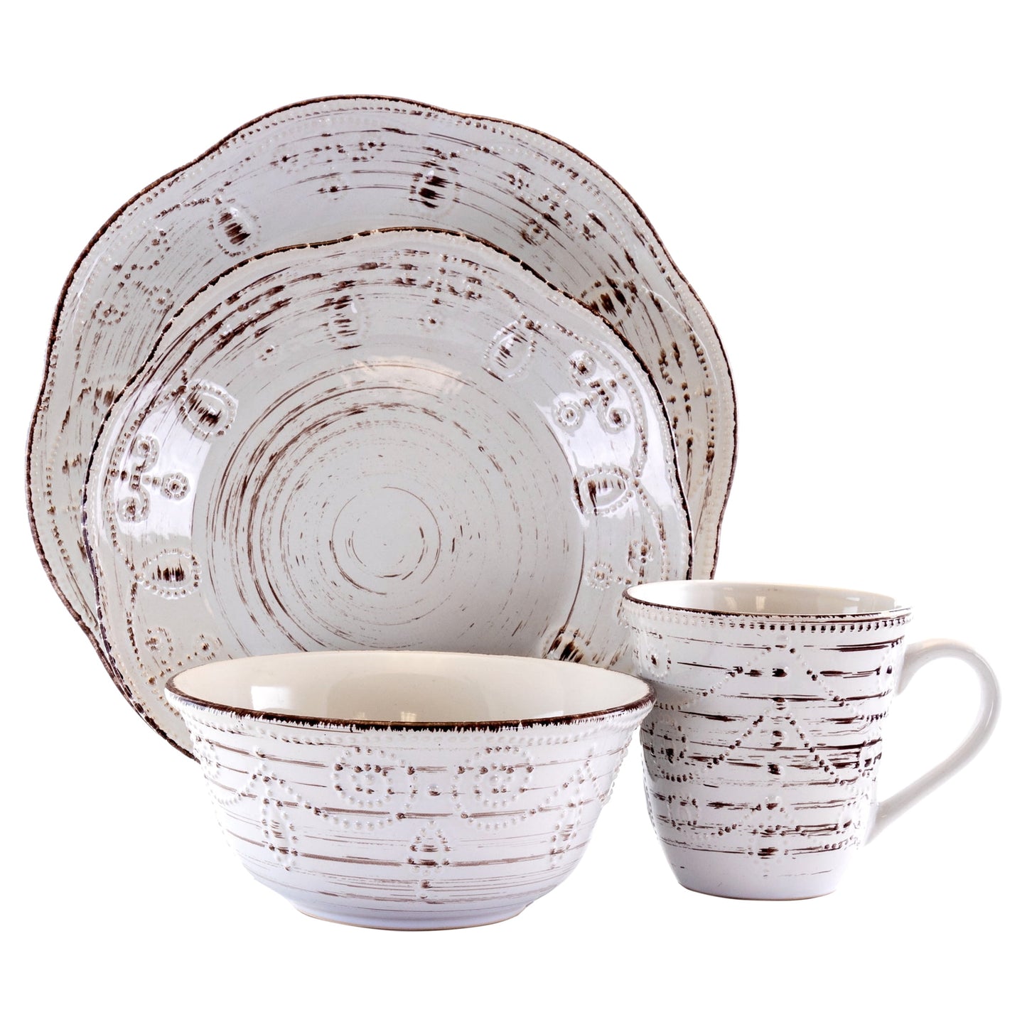 Elama Rustic Birch 16 Piece Stoneware round Dinnerware Set