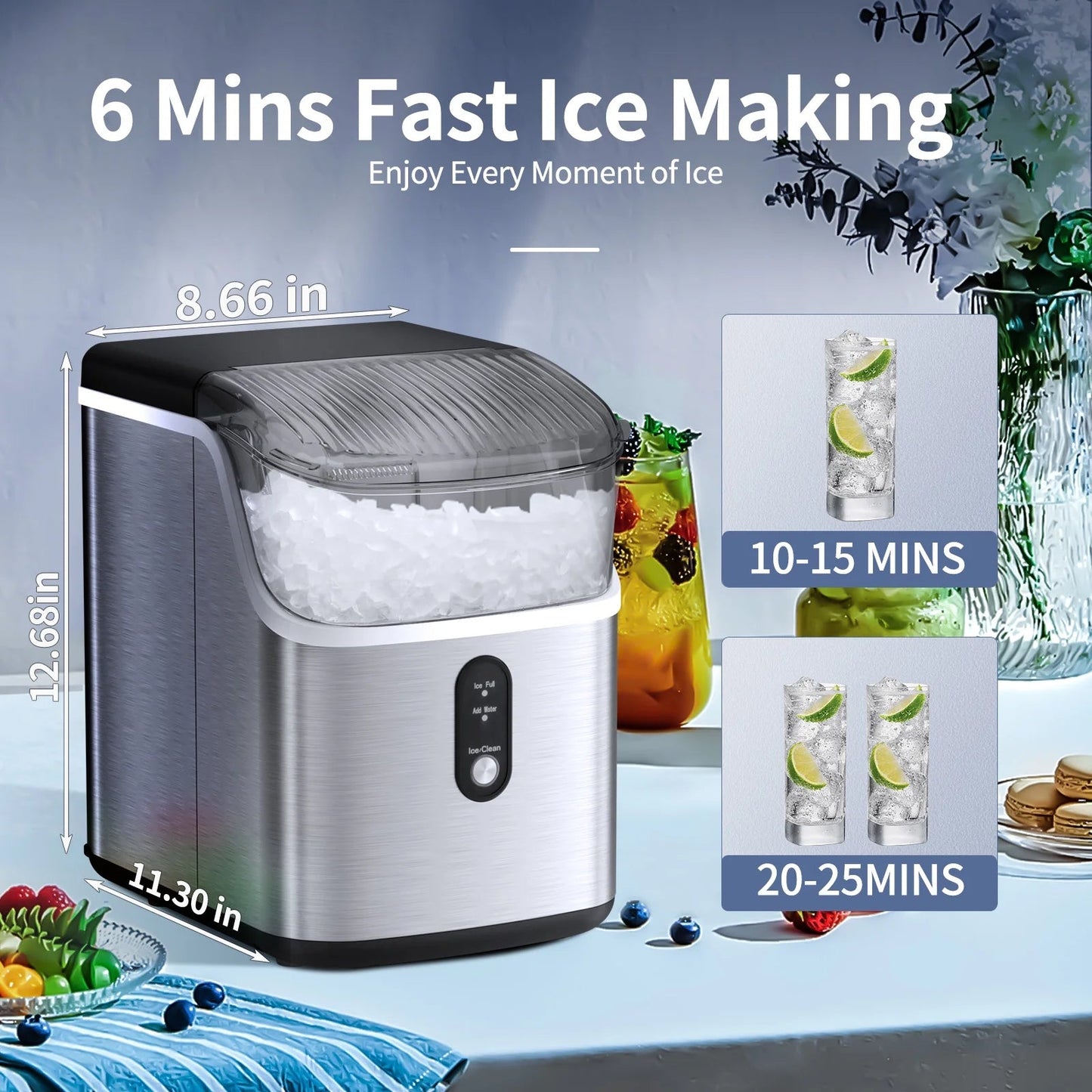 Auseo Portable Nugget Ice Maker - Countertop Stainless Steel Machine with Self-Cleaning Function, Producing 35 lbs of Ice per Day for Home, Kitchen, and Office Use