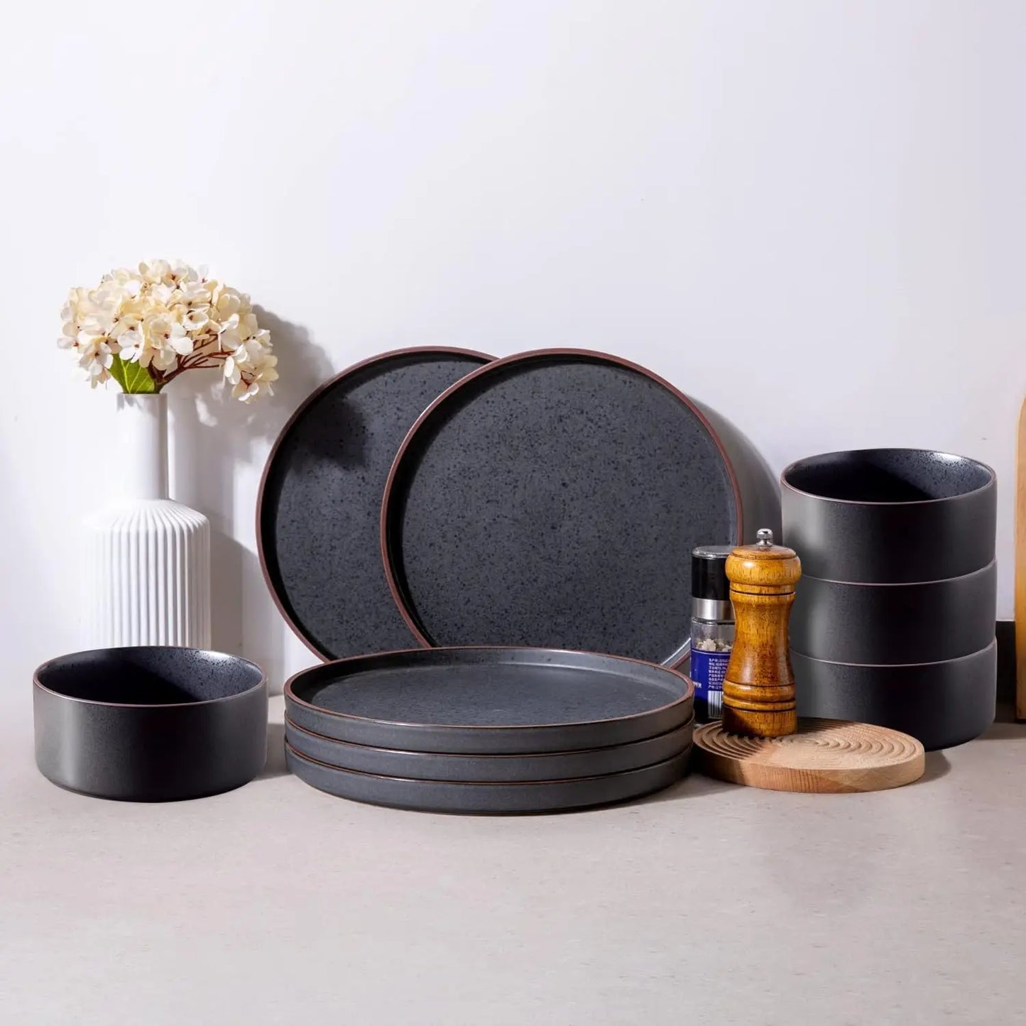 Ceramic Dinnerware Sets of 6, High Edge Stoneware Plates and Bowls Set, Chip and Crack Resistant |