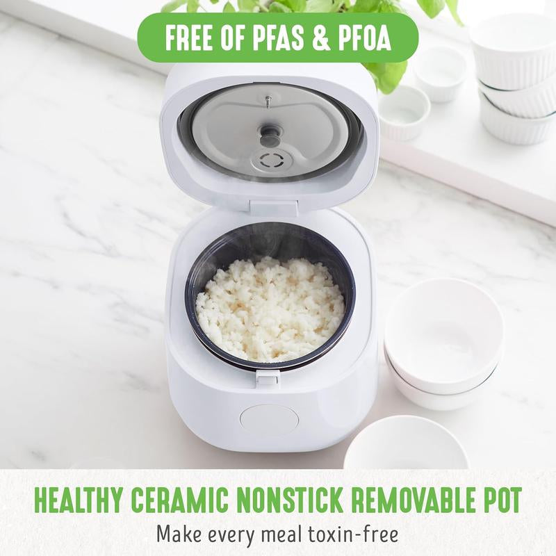 4-Cup Digital Rice Cooker with Removable Ceramic Pot - PFAS & PFOA-Free, Dishwasher Safe, Healthy Cooking for Oats and Grains, Auto Presets, Touch Screen, Delay Function, Keep Warm Feature, Includes Paddle, White