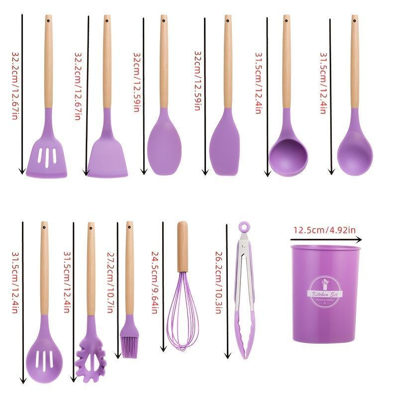 Silicone Kitchen Cooking Utensils Set, 12Pcs/Set Heat Resistant, Tongs, Spatula, Spoon, Brush, Whisk, Wooden Handle Kitchen Gadgets with Holder