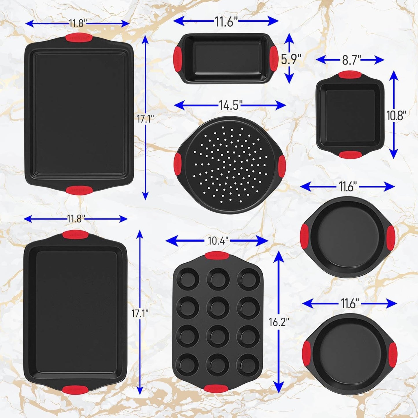 Nutrichef Deluxe Non-Stick Baking Pans Set - 8 Piece Commercial Grade Bakeware with Stylish Gray Coating and Red Silicone Handles