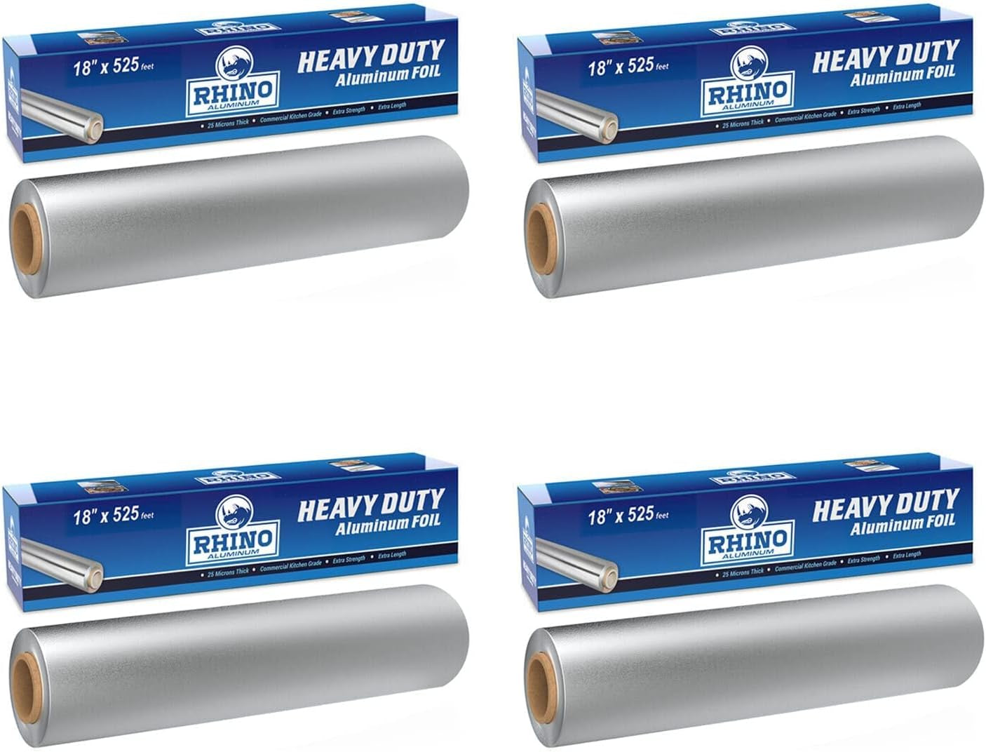 Rhino Heavy-Duty Aluminum Foil Roll - 18" x 525 ft (Pack of 4) - 25 Microns Thick, Commercial Grade for Food Service Industry