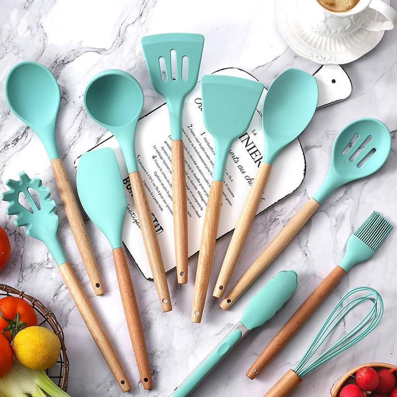 Silicone Kitchen Utensil Set, 12Pcs/Set Non-Stick Wooden Handle Durable Kitchen Cooking Utensil Set with Utensil Holder, Multifunctional Practical Food Grade Cookware for Baking Home