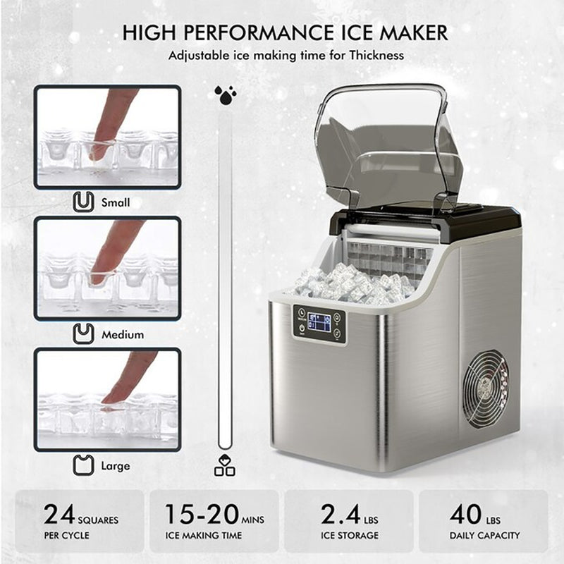 Electric Countertop Ice Maker 40-Lb Ice per Day Countertop or Portable Cubed Ice Maker (Silver)