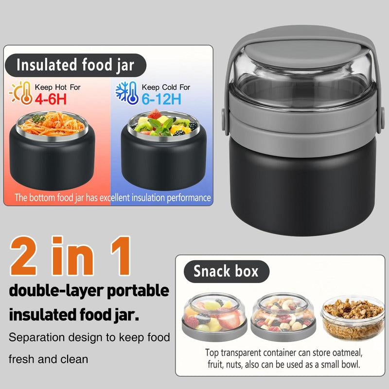 Multifunctional 2 in 1 Vacuum Food Jar, 1 Count Stainless Steel Leak Proof Food Jar with Snack Container, Lunch Box for School Travel, Lunch Box for Kids