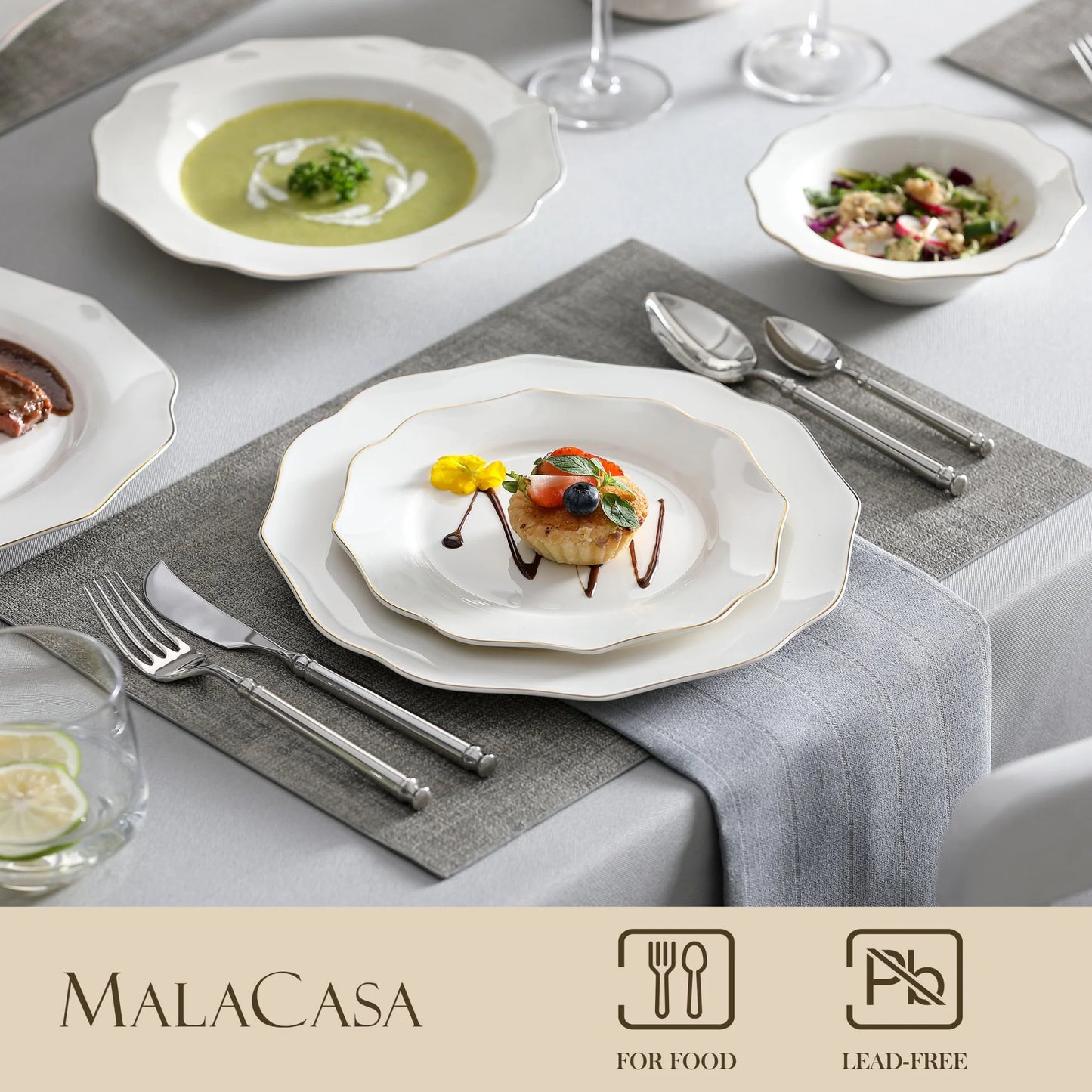 MALACASA Series LOTUS, 16-Piece Bone China Dinnerware Set, White with Golden Rim Dinner Sets, Service for 4