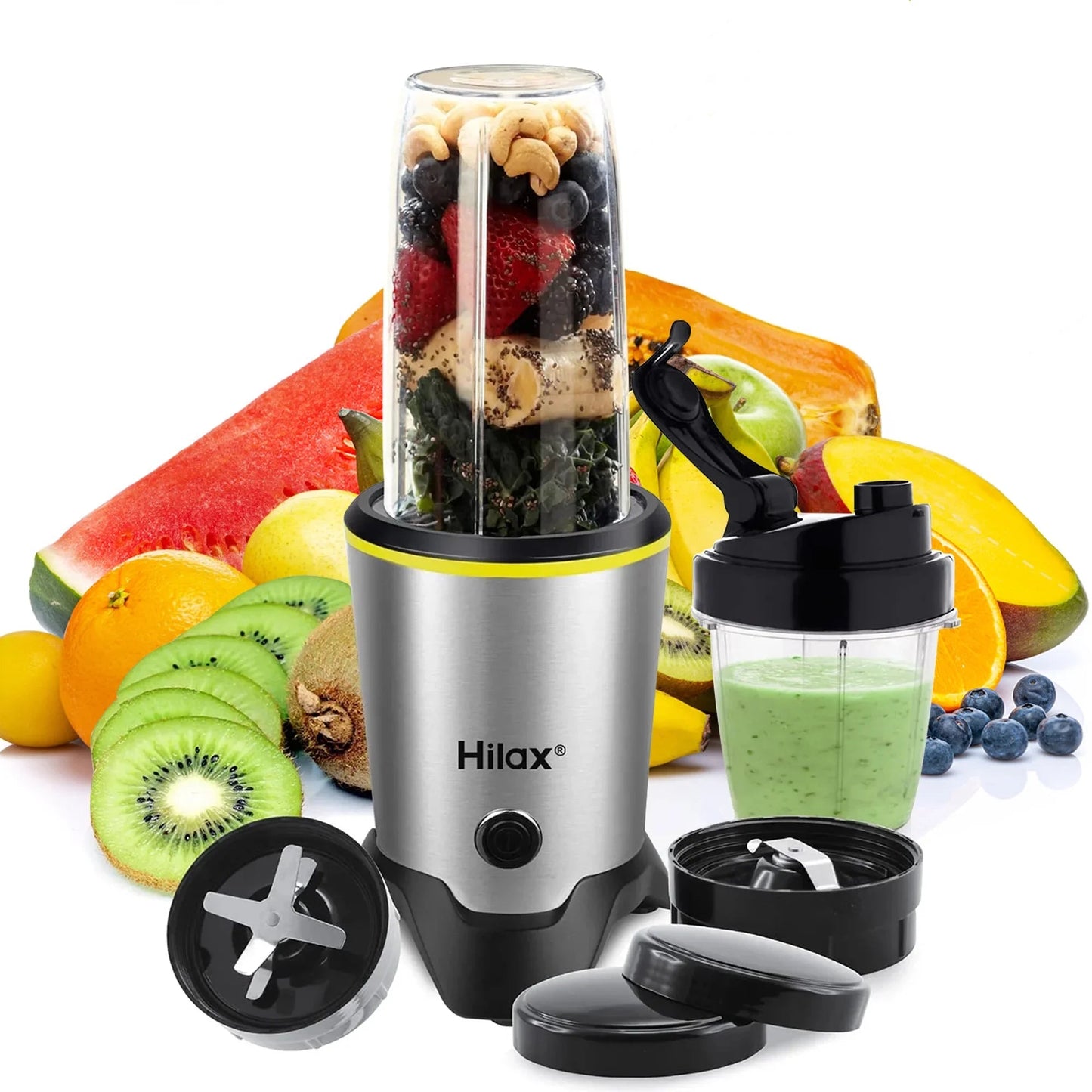 Hilax Personal Portable Blender for Shakes, Smoothies, and Food Preparation - 1200W Countertop Blender with 35oz and 14oz BPA-Free Bottles (Silver)