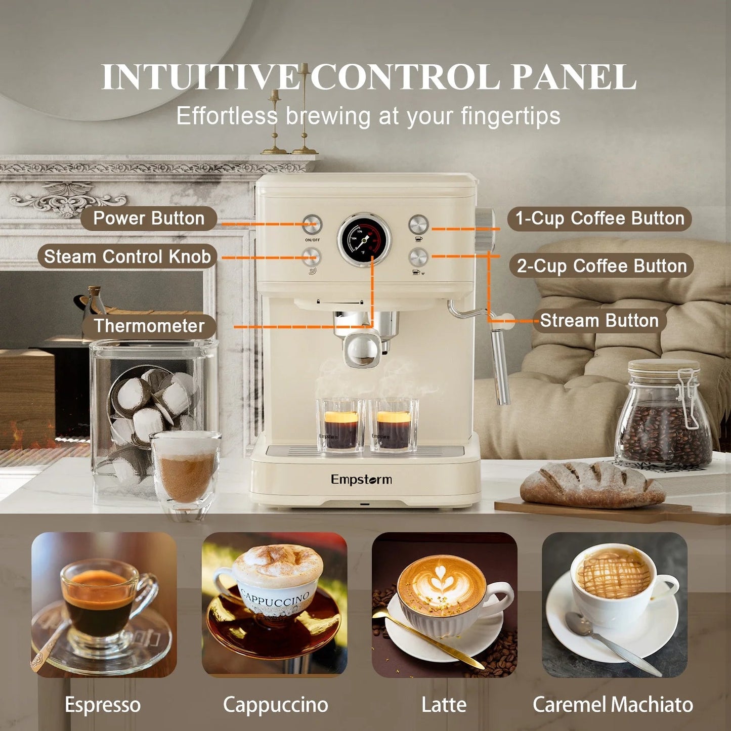 Empstorm 20-Bar Espresso Machine: 2-in-1 Cappuccino Maker with Milk Frother Steam Wand, Compatible with NS Original Capsules for Home and Commercial Use, Beige