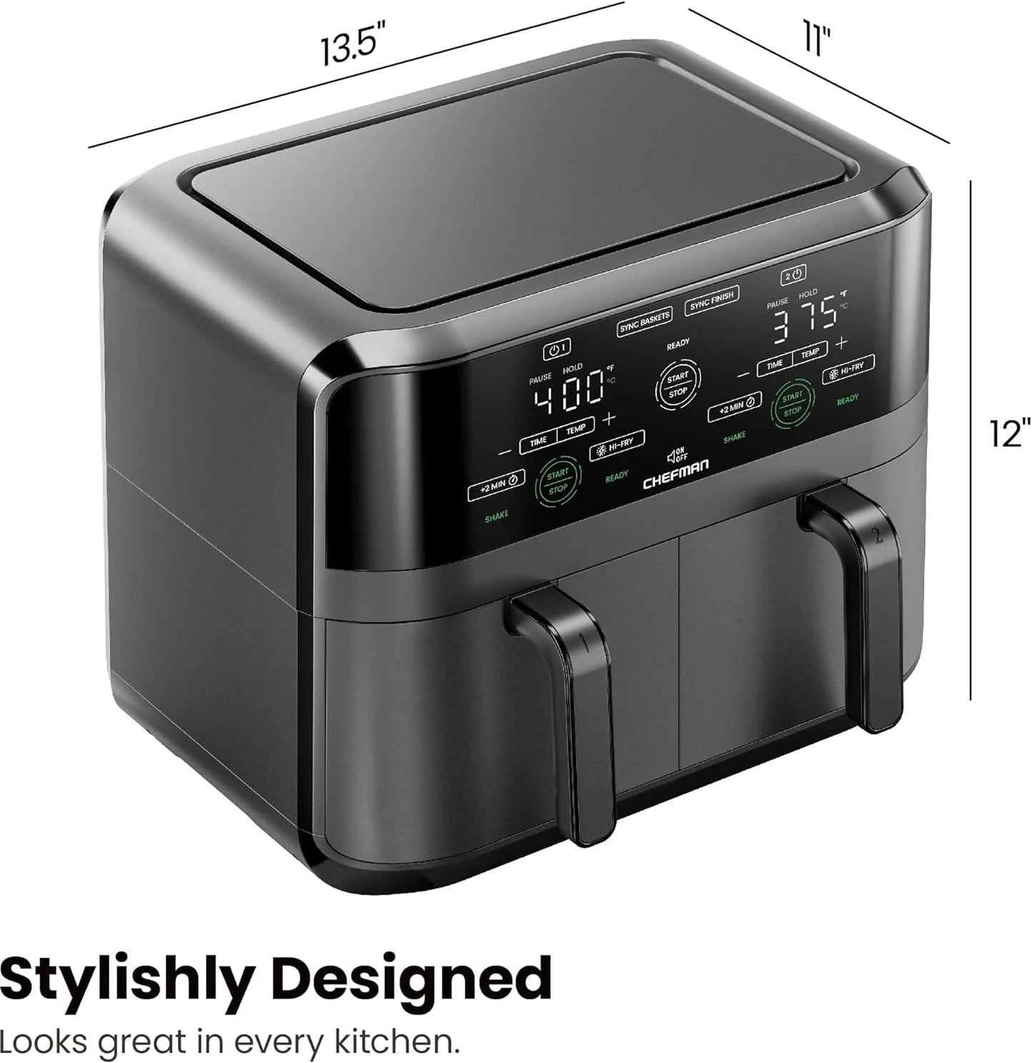 Chefman Dual Basket Air Fryer with Digital Touchscreen, Two Independent 3 Qt Baskets, Sync Finish - Black