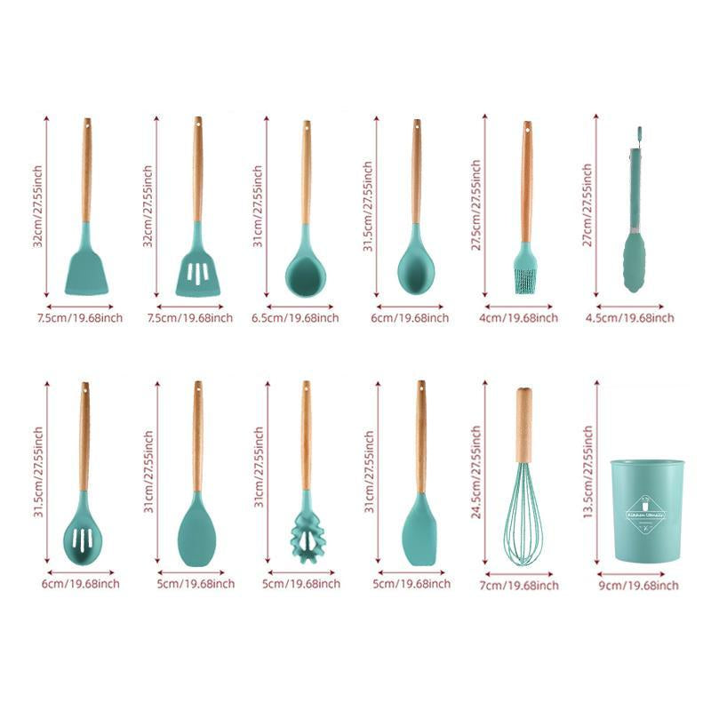 Silicone Kitchen Utensil Set, 12Pcs/Set Non-Stick Wooden Handle Durable Kitchen Cooking Utensil Set with Utensil Holder, Multifunctional Practical Food Grade Cookware for Baking Home