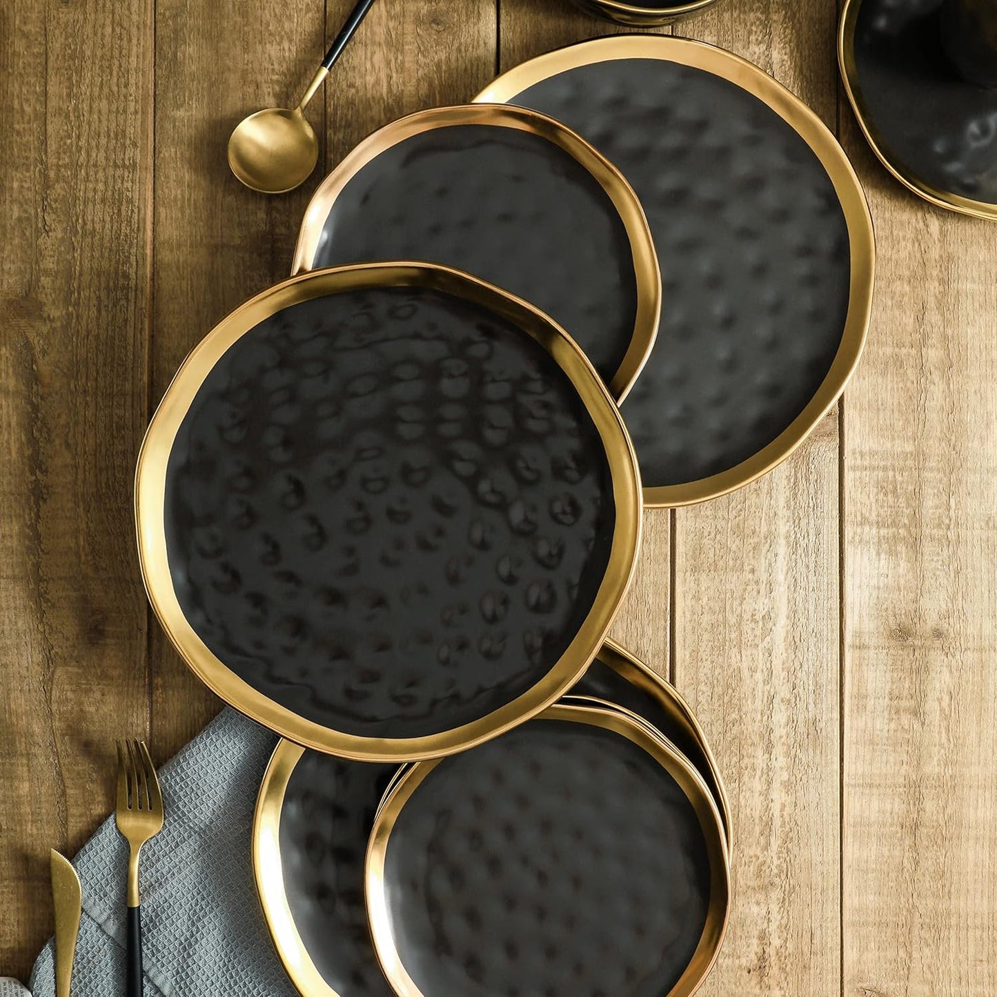 Stone Lain Florian Contemporary 16-Piece Porcelain Dinnerware Set with Black and Gold Rim for Four