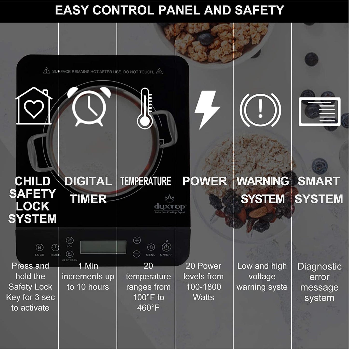 Duxtop 1800W Portable Induction Cooktop with LCD Touch Control - Elegant Black Countertop Burner Model 9610LS BT-200DZ