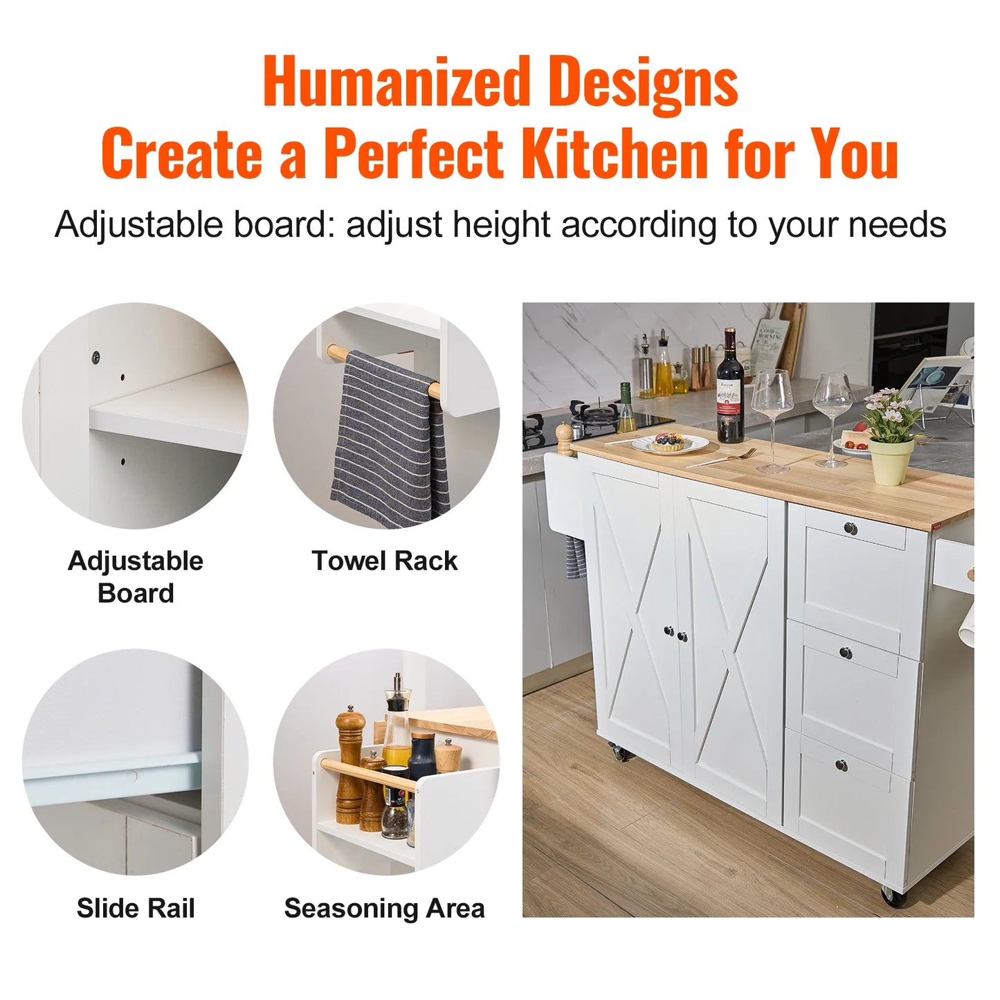BENTISM 45.3-Inch Multifunctional Kitchen Island with Convenient Drawer and Adjustable Rack in Elegant White Finish