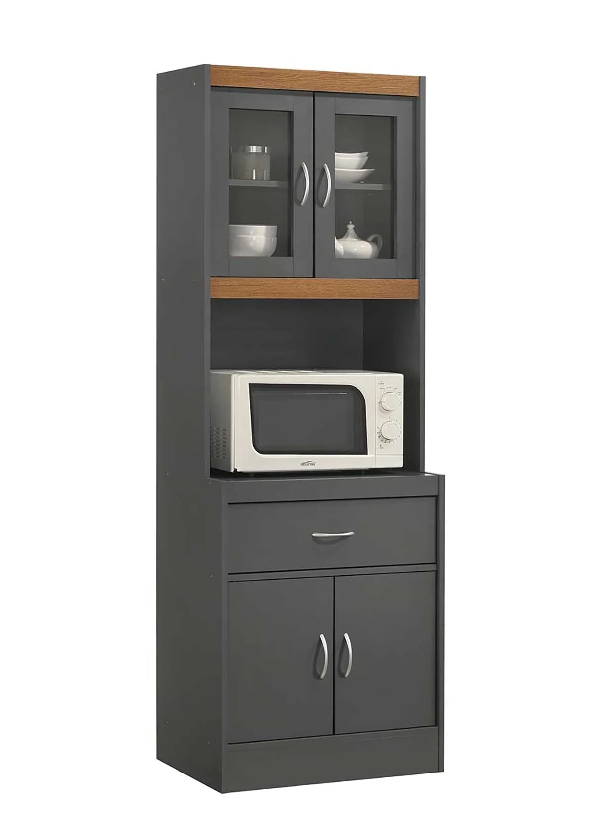 Hodedah Grey-Oak Kitchen Cabinet with One Drawer and Microwave Space