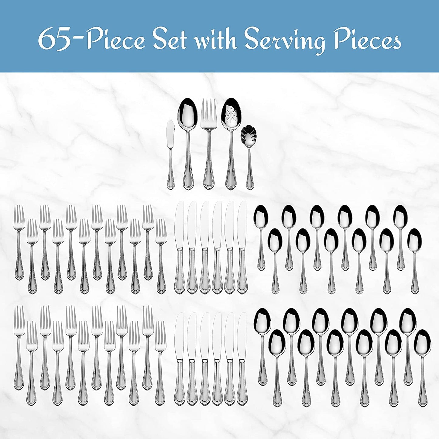 Mikasa Regent Bead 65-Piece Flatware Set for 12, 18/10 Stainless Steel with Serving Utensils