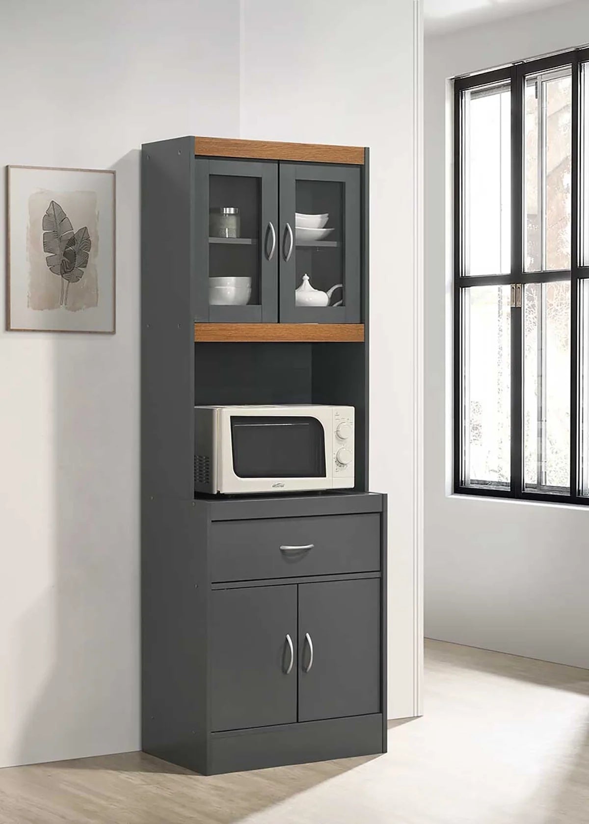 Hodedah Grey-Oak Kitchen Cabinet with One Drawer and Microwave Space