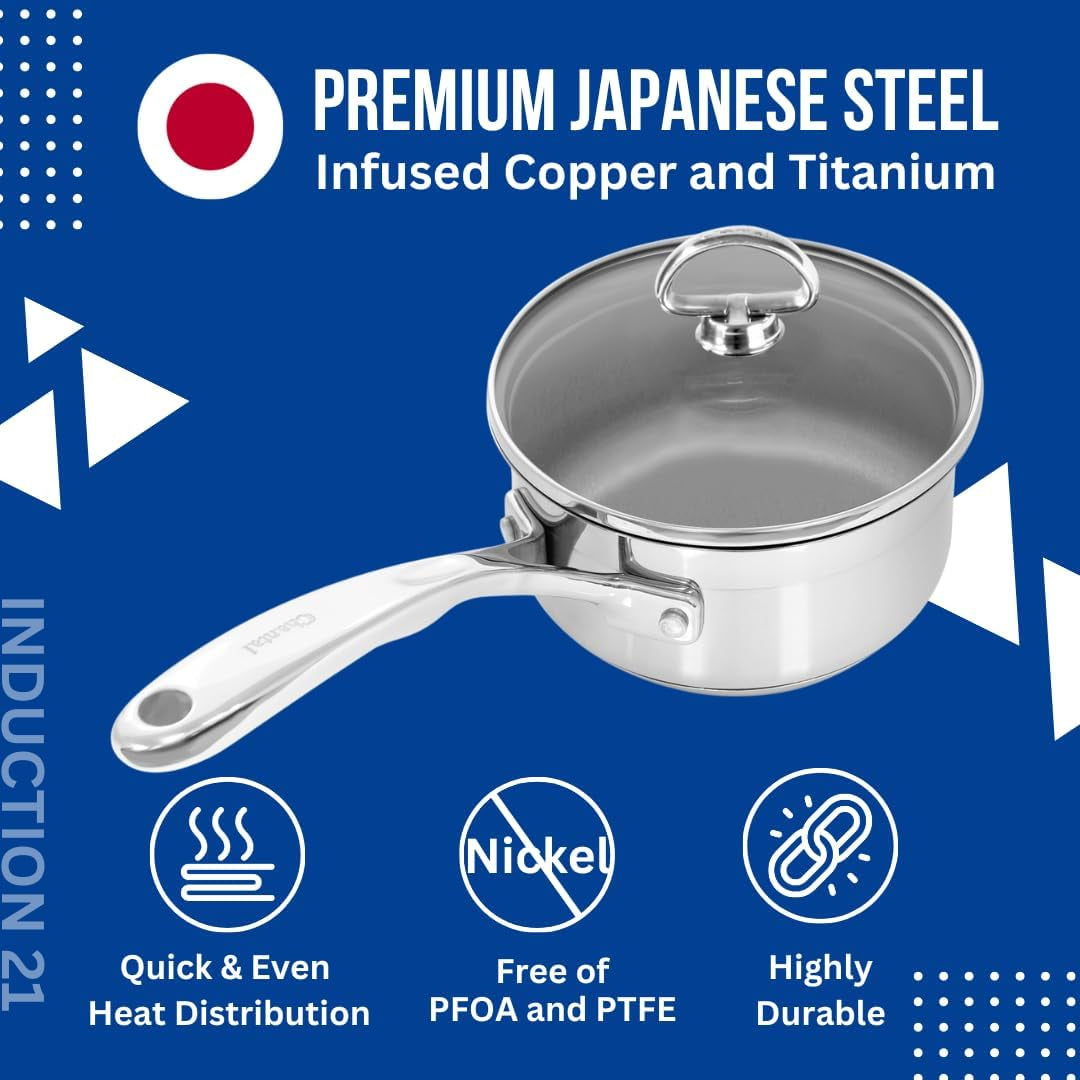 Chantal Induction 21 Steel 2-Quart Non-Stick Saucepan with Tempered Glass Lid and Brushed Stainless Steel Finish