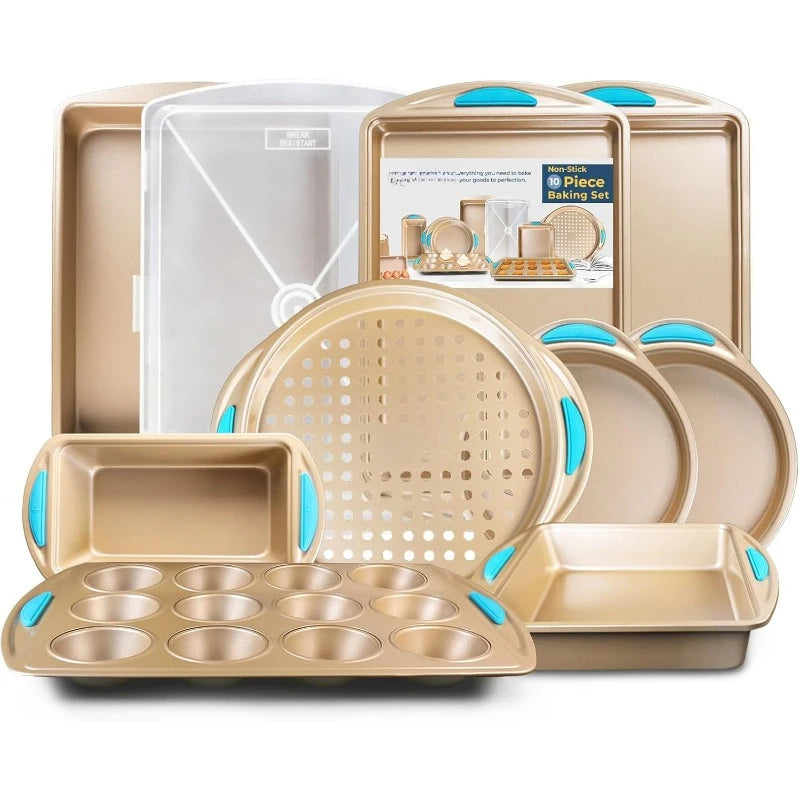 Baking Pan 10 Piece Set Nonstick Gold Steel Oven Bakeware Kitchen Set with Silicone Handles, Cookie Sheets, Round Cake Pans