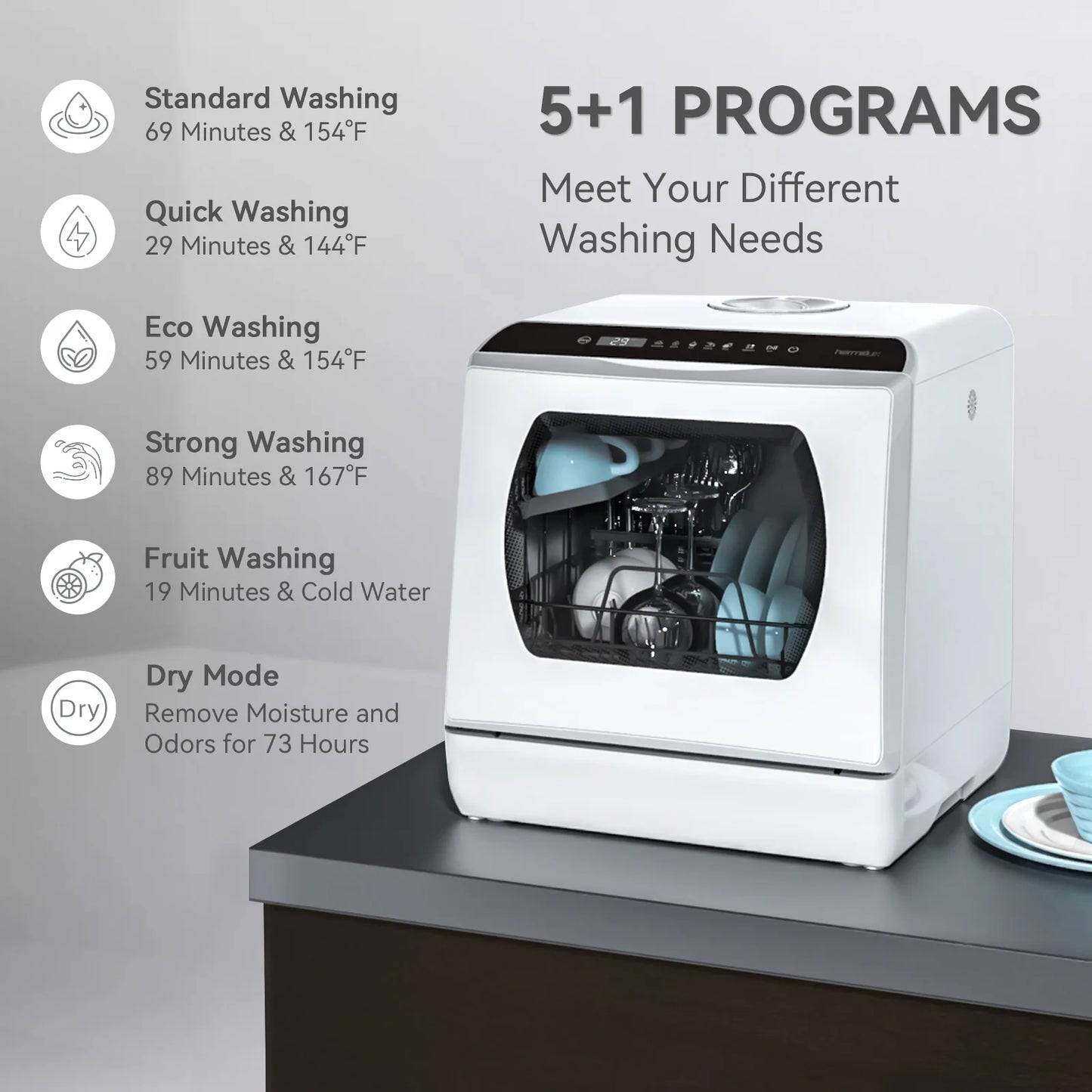 Hermitlux Portable Countertop Dishwasher, 5 Washing Programs, 5L Built-In Water Tank and Air-Dry Function, HMX-DW03