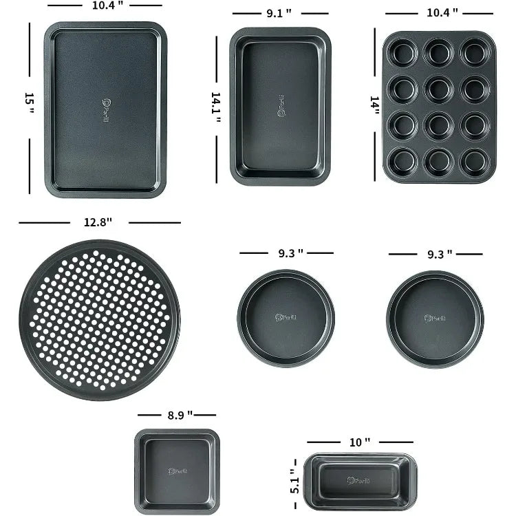 Baking Pan 8 Piece Set Nonstick Carbon Steel Gray Oven Safe Bakeware Kitchen Set, Cookie Sheet, 2 Round Cake Pans, Square Pan,