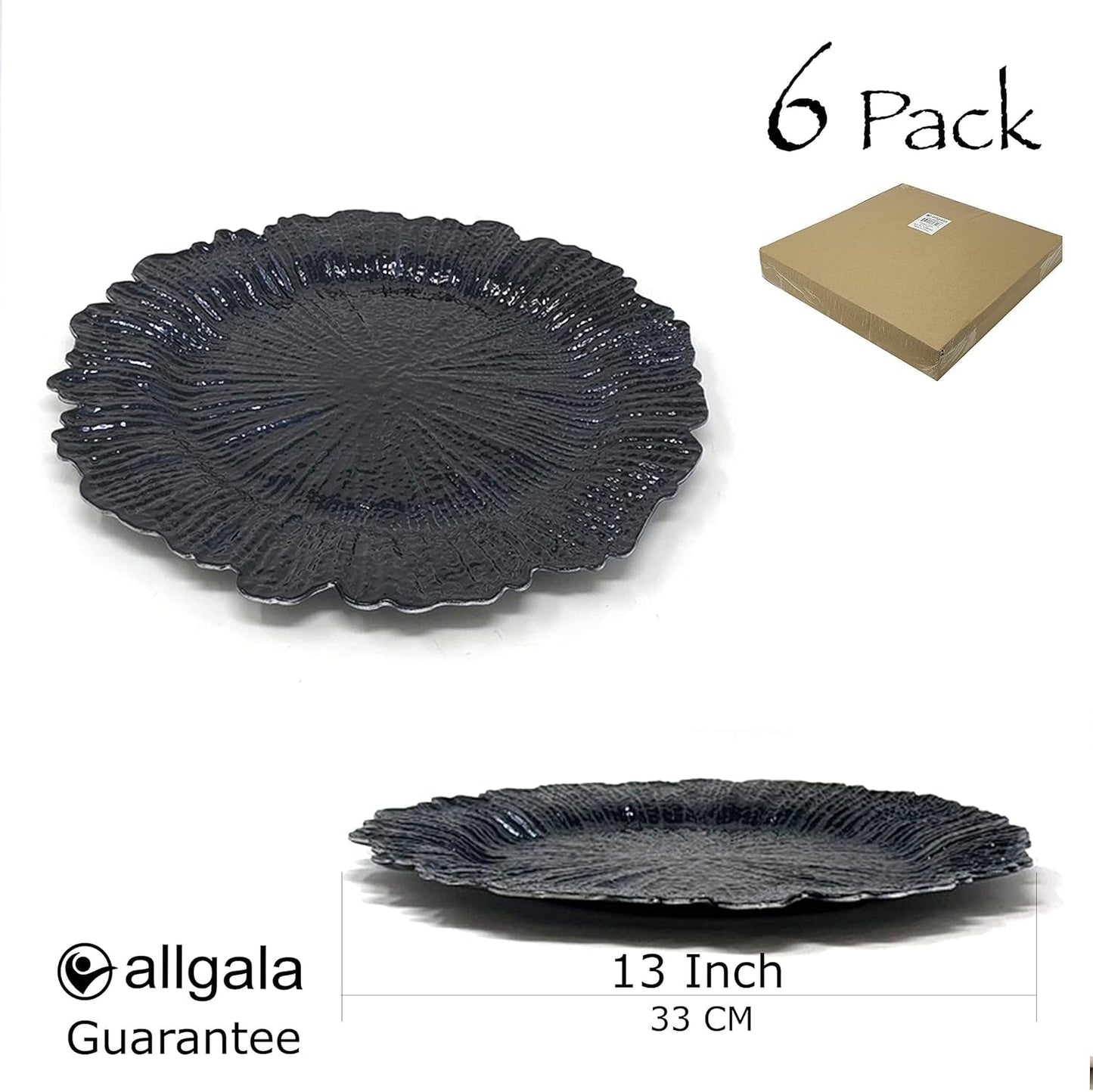 Allgala 13-Inch Heavy-Duty Round Charger Plates, Set of 6, Reef Black - HD80334