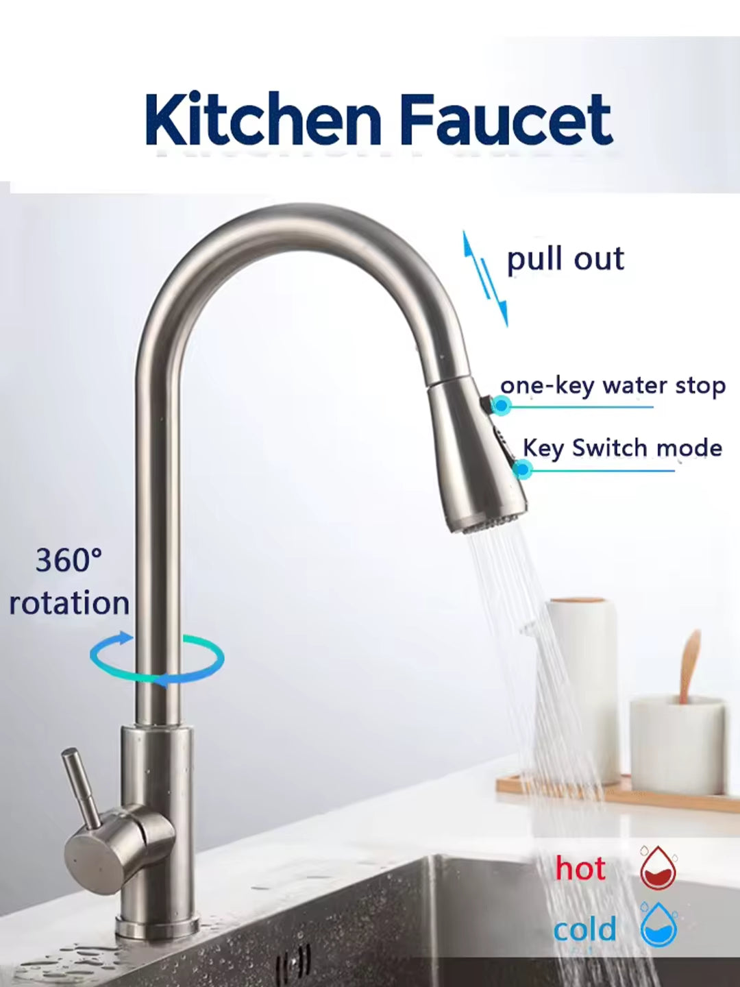 Upgrade Your Kitchen with Our Stylish Hot & Cold Pull-Out Faucet – 3 Versatile Nozzles for Every Need!