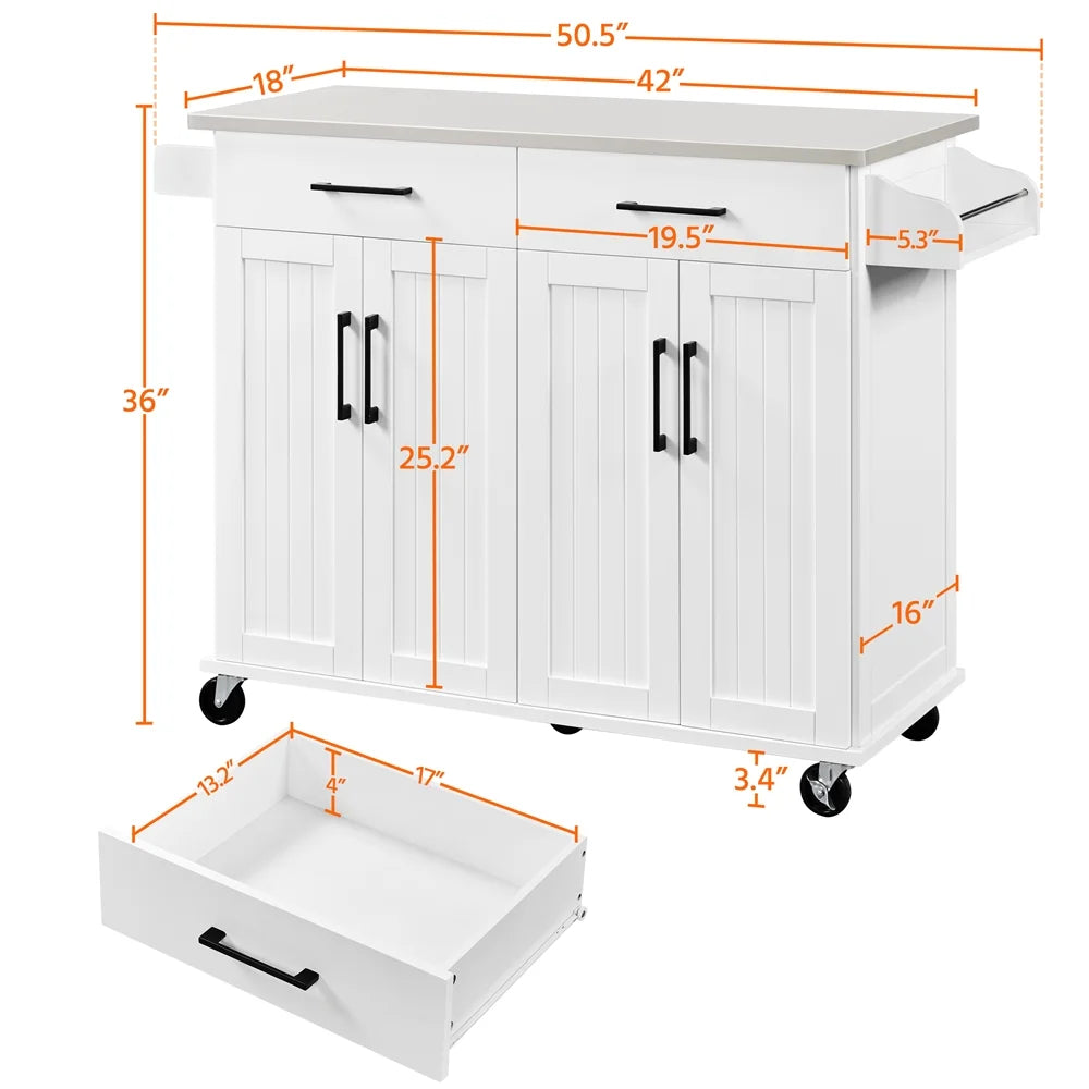 Renwick 42-Inch Mobile Kitchen Island with Storage Drawers and Cabinets in White