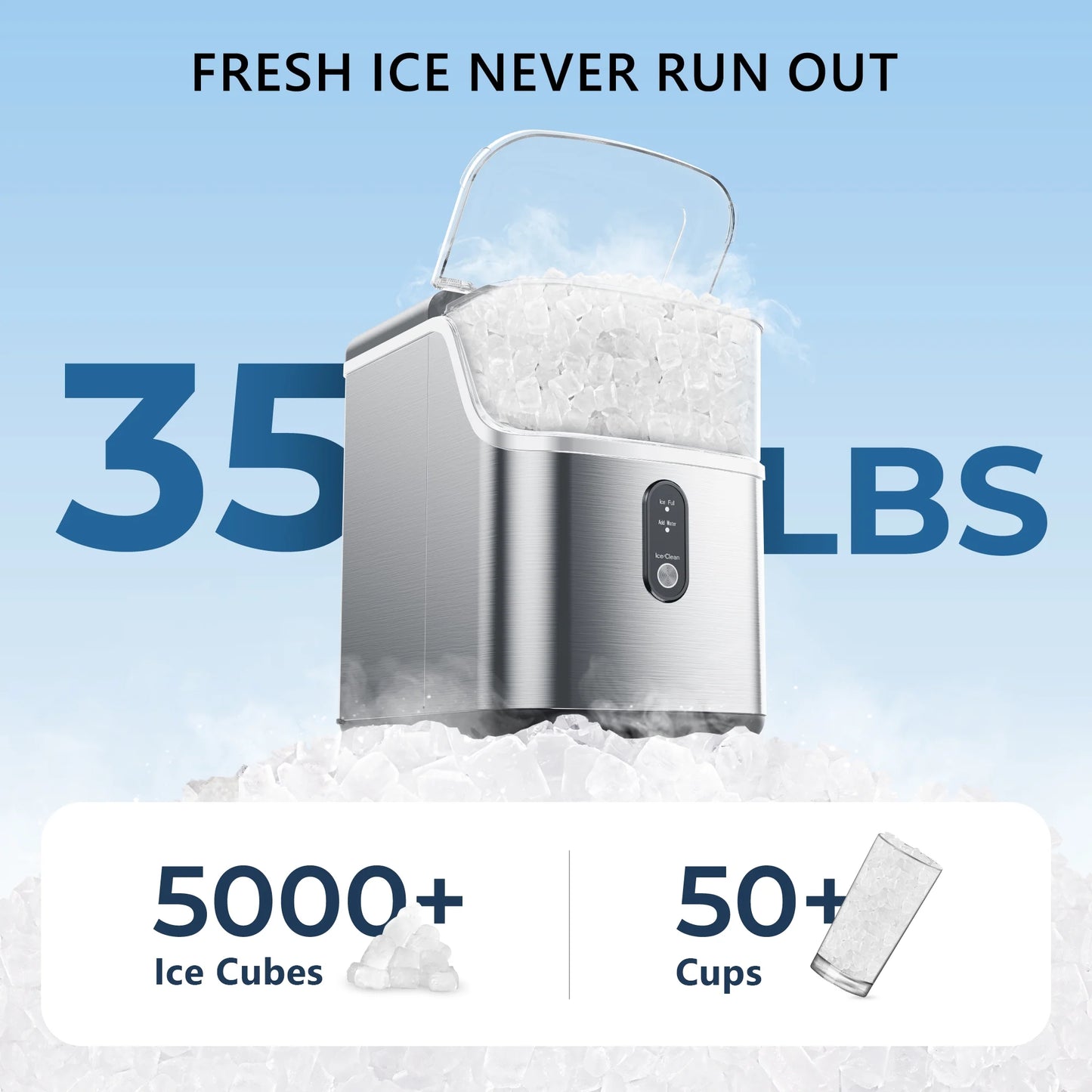Simzlife Nugget Ice Maker Countertop, Portable Ice Maker Machine with Self-Cleaning Function, 35Lbs/Day, Soft Chewable Pellet Ice, Silver
