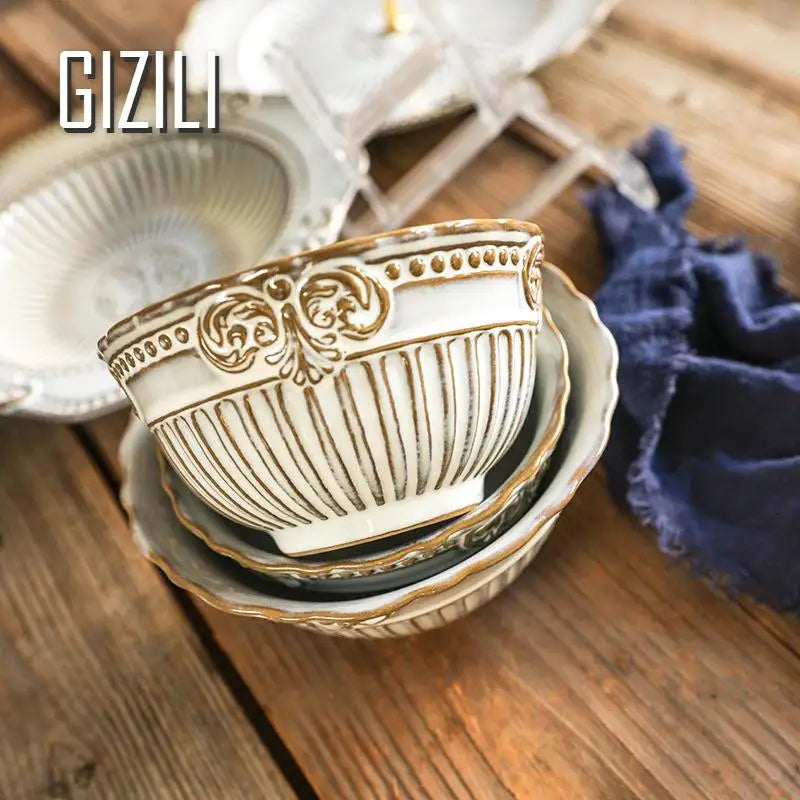 French Dinner Plates Set Luxury Tableware Bowl Set Household Retro Ceramic Dinnerware Bowl Plate Bowl Set Kitchen Supplies