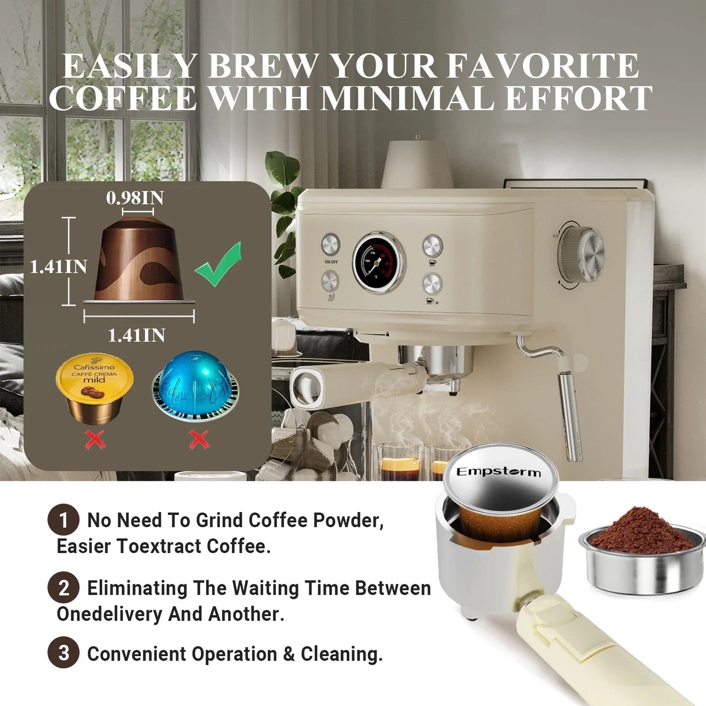 Empstorm 20-Bar Espresso Machine: 2-in-1 Cappuccino Maker with Milk Frother Steam Wand, Compatible with NS Original Capsules for Home and Commercial Use, Beige