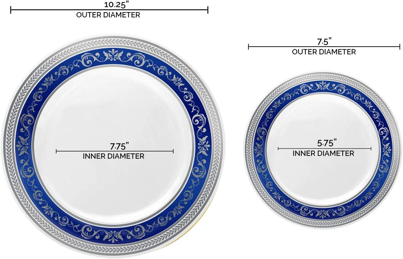 Elegant Disposable Plastic Plates - 240 Count, 120 Heavy-Duty Dinner Plates & 120 Dessert/Salad/Appetizer Plates, White with Blue & Silver Royal Rim, Ideal for Weddings, Birthday Parties & All Occasions