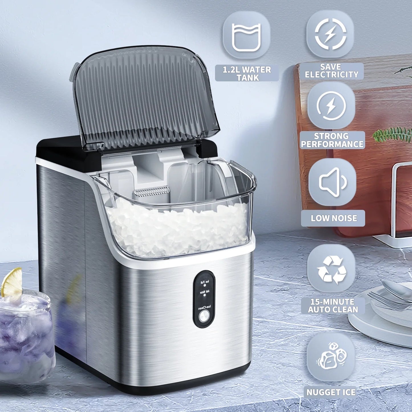 Auseo Portable Nugget Ice Maker - Countertop Stainless Steel Machine with Self-Cleaning Function, Producing 35 lbs of Ice per Day for Home, Kitchen, and Office Use