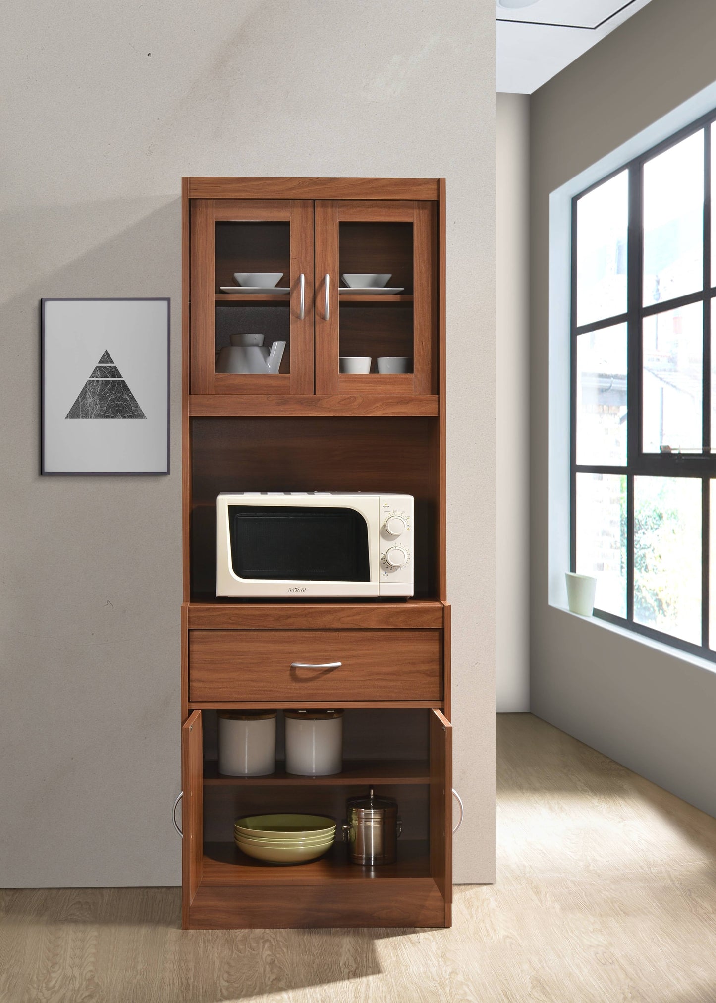 Hodedah Cherry Kitchen Cabinet with One Drawer and Microwave Space