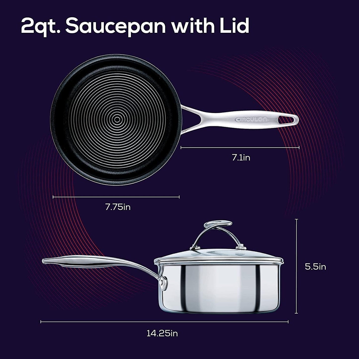 Circulon Clad 2-Quart Stainless Steel Saucepan with Glass Lid and Hybrid Steelshield Nonstick Technology - Silver