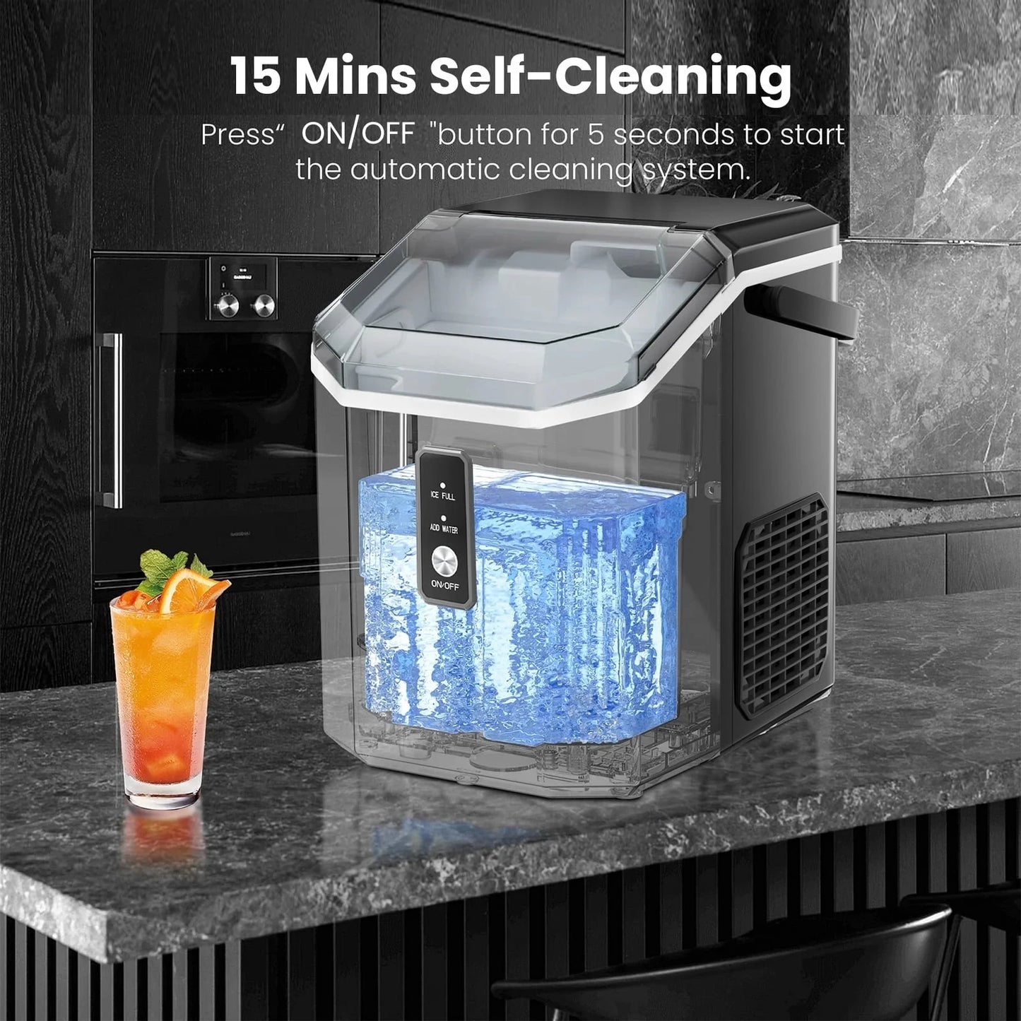 Auseo Nugget Ice Maker Countertop with Soft Chewable Pellet Ice, Portable Ice Machine with Handle, 35Lbs/24H, for Kitchen/Office/Party(Black)