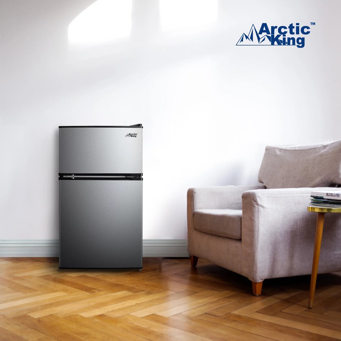 Arctic King 3.2 Cu Ft Two Door Mini Fridge with Freezer, Stainless Steel, E-Star