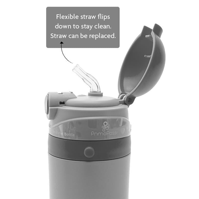 Primo Passi Insulated Straw Water Bottle for Kids - 12oz Stainless Steel in Sleek Grey