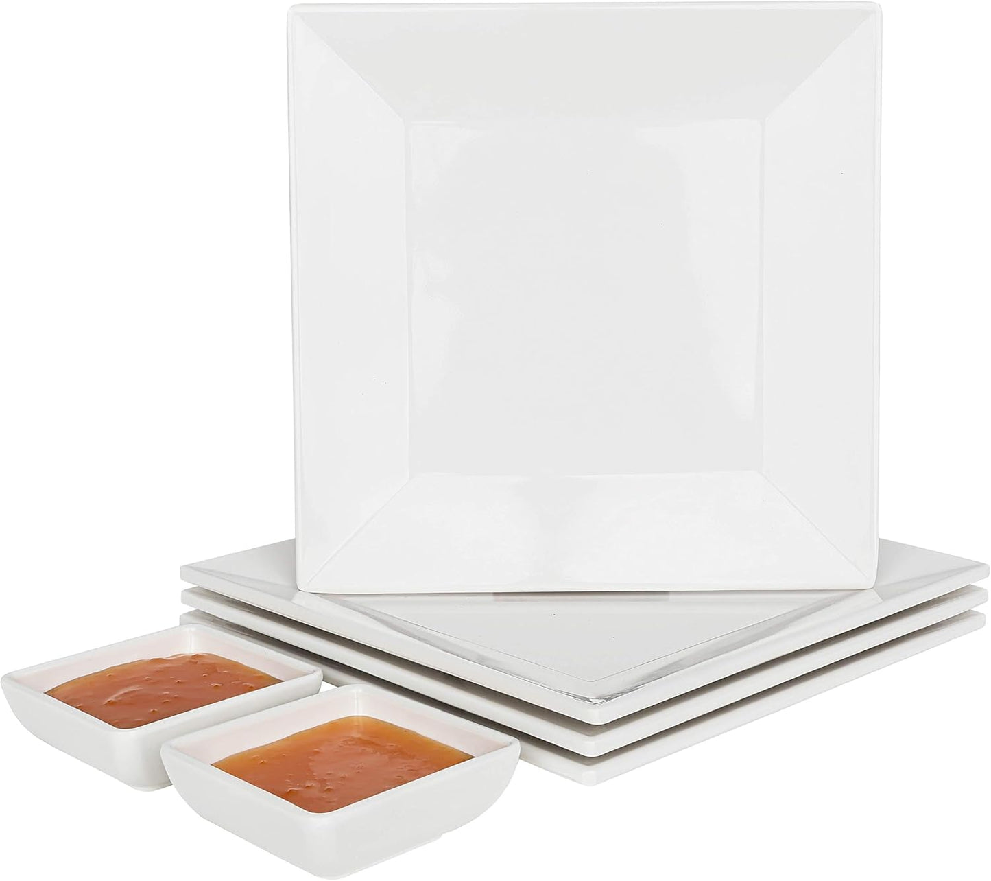 4-Pack of 10" x 10" White Square Melamine Plates - Durable and Elegant Dinnerware Set with Sauce Dish
