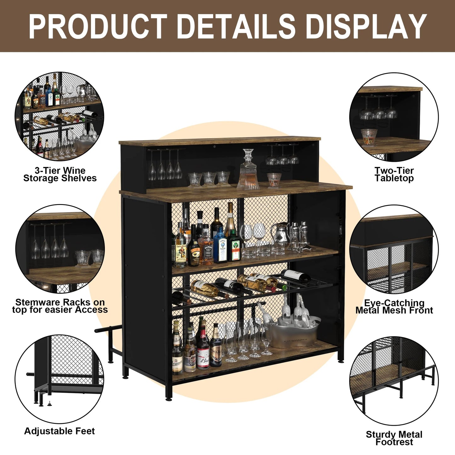 Stylish GDLF Mini Home Bar Cabinet with Storage & Footrest in Wood Gray