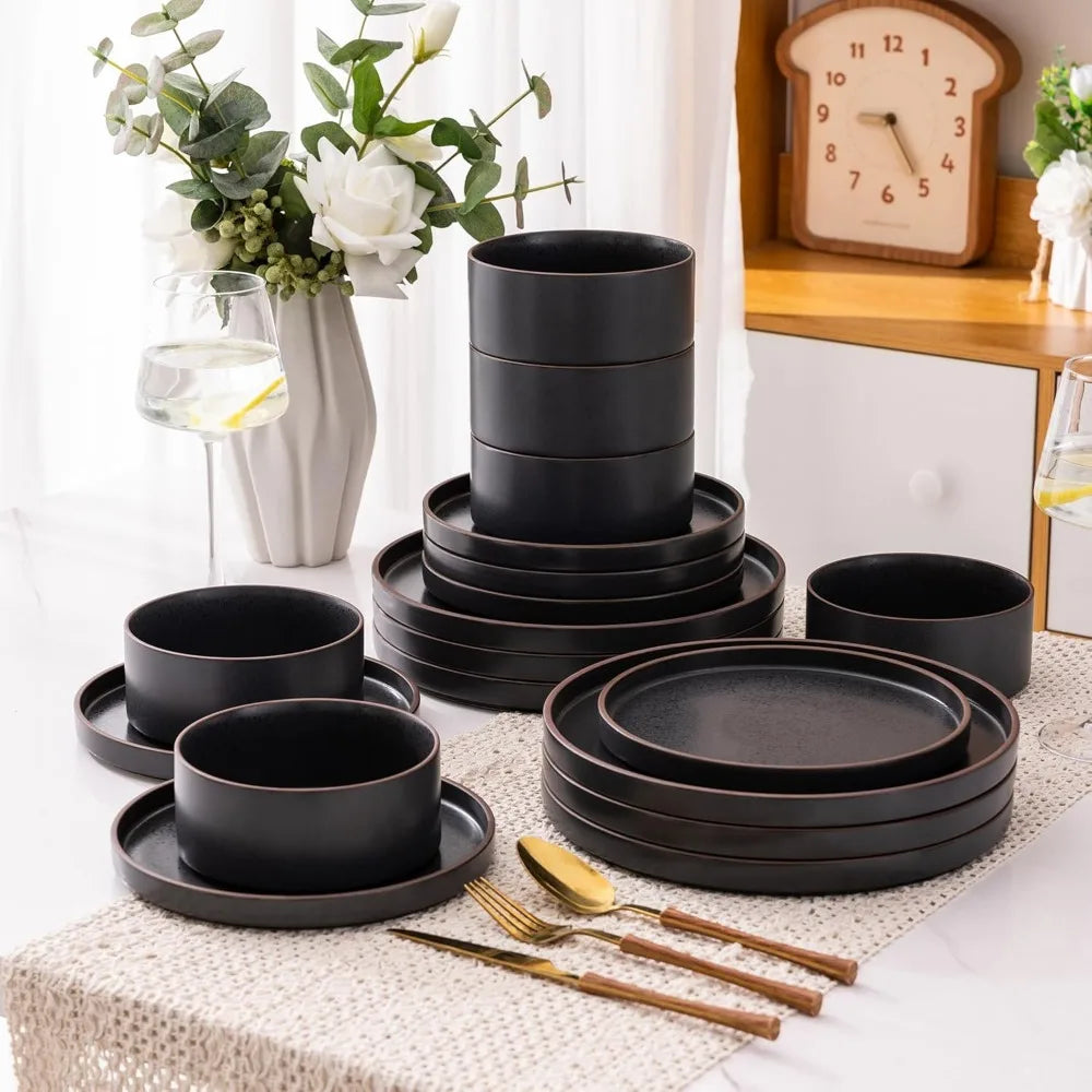 Ceramic Dinnerware Sets of 6, High Edge Stoneware Plates and Bowls Set, Chip and Crack Resistant |
