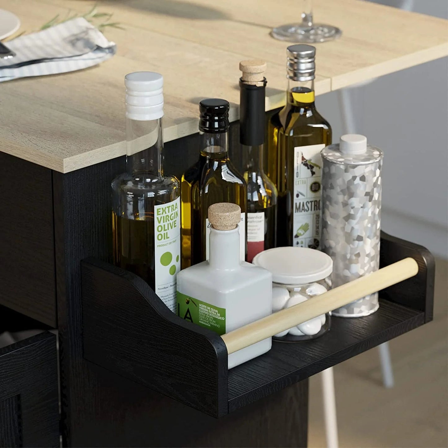 IRONCK Mobile Kitchen Island Cart with Storage Cabinet, Drawer, and 3 Spice Racks in Black