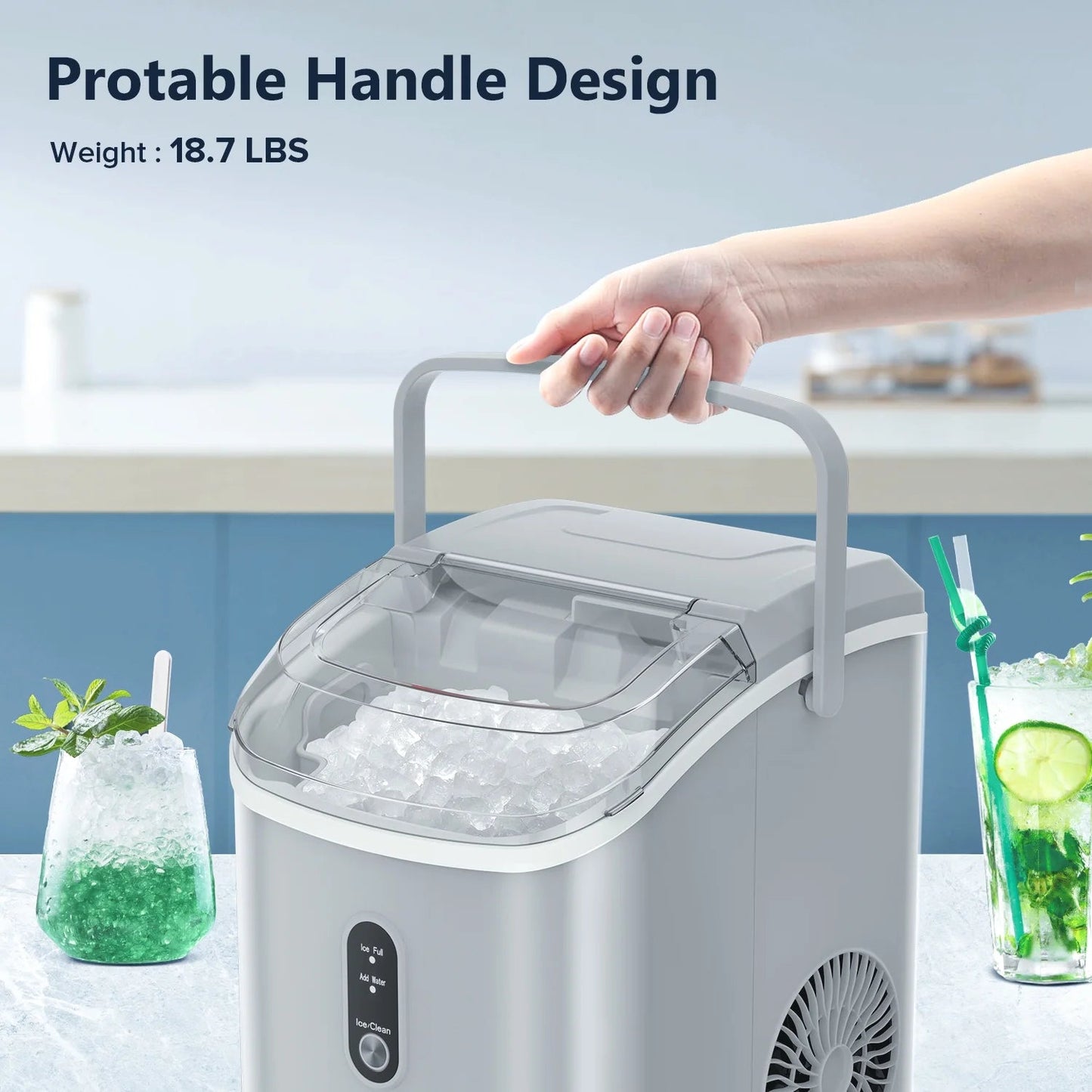 Auseo Countertop Nugget Ice Maker - 35 lbs/24 hrs, Self-Cleaning with Ice Basket, Shovel, and Handle - Ideal for Home, Office, and Parties - Gray