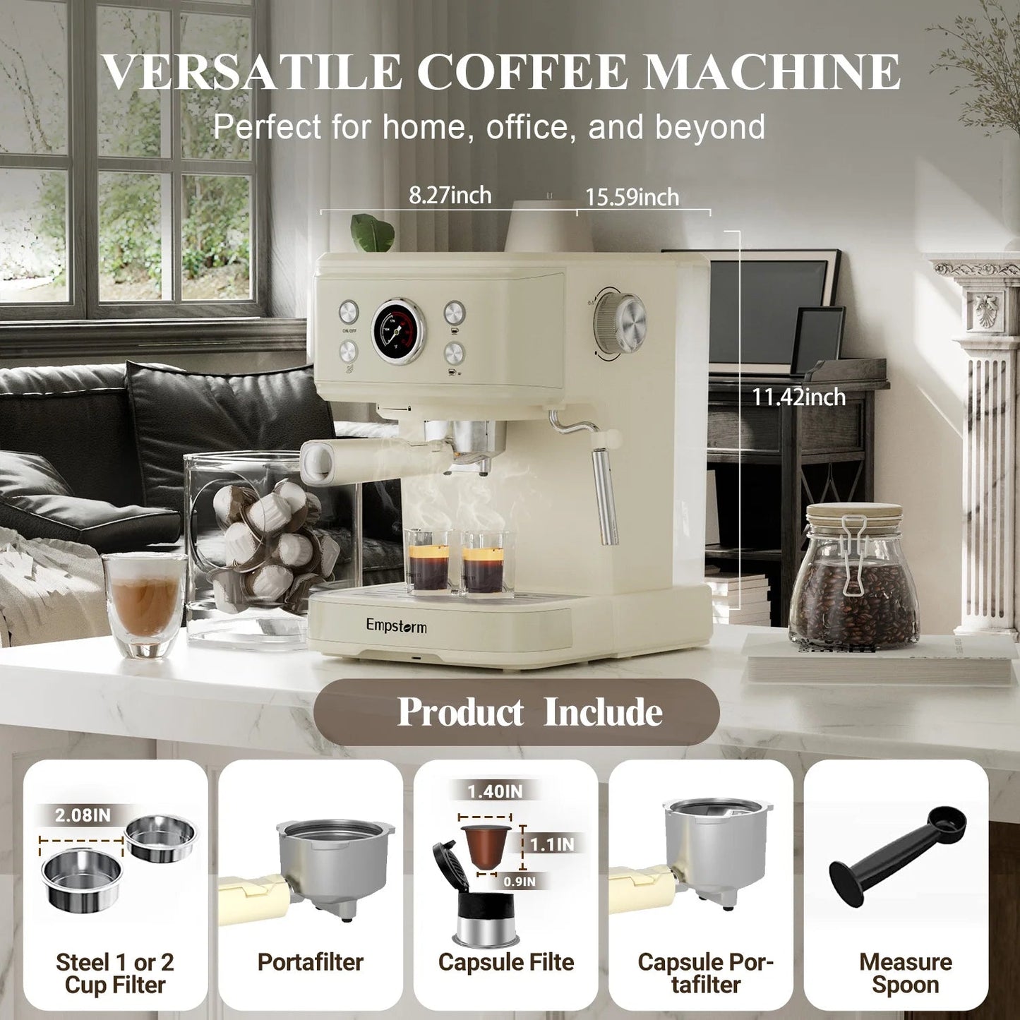 Empstorm 20-Bar Espresso Machine: 2-in-1 Cappuccino Maker with Milk Frother Steam Wand, Compatible with NS Original Capsules for Home and Commercial Use, Beige