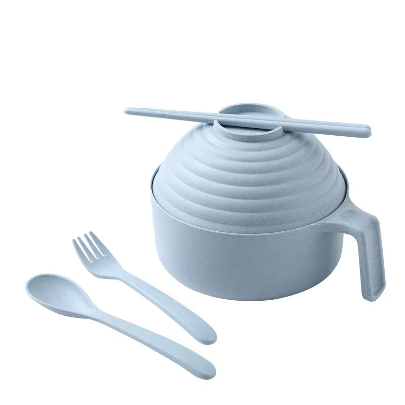 5-Piece Wheat Straw Multifunctional Dinnerware Set with Lid, Spoon, Fork, and Chopsticks - Microwavable Anti-Hot Bowls