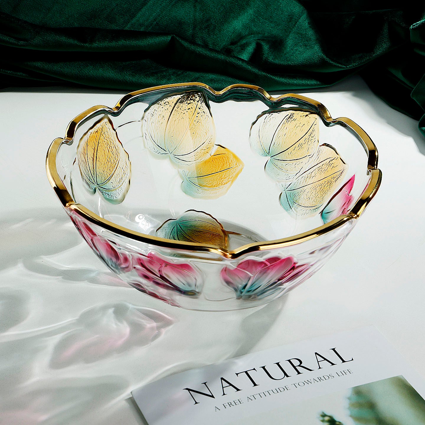 Creatively Painted Glass Fruit Bowl With Gold Accents