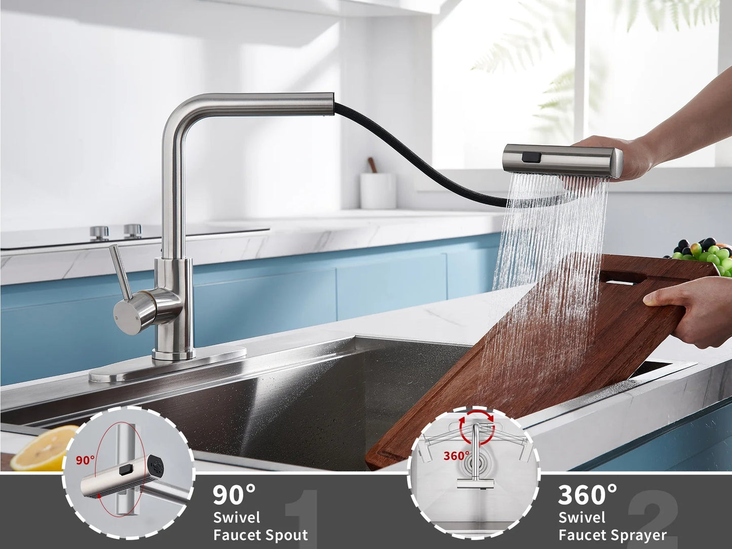 Stylish Waterfall Faucet with Pull Down Sprayer and Three Function Modes for Enhanced Kitchen Convenience