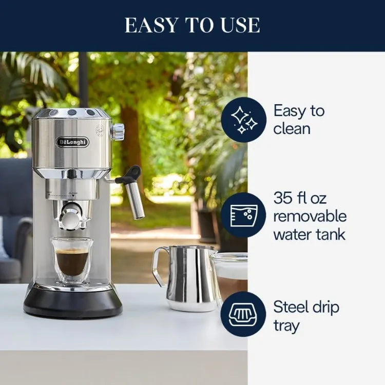 Dedica EC680M, Espresso Machine, Coffee and Cappucino Maker with Milk Frother, Metal / Stainless, Compact Design 6 in Wide